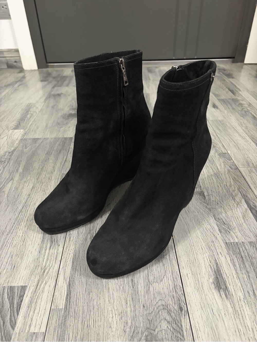 Prada Linea Rossa Black Suede Wedge Ankle Booties